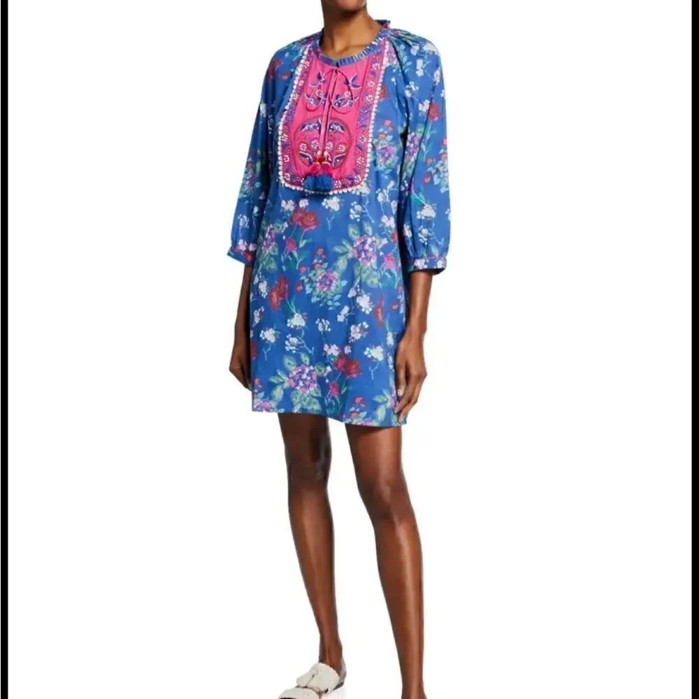Bella Tu Fleur Floral-Print Split-Neck Peasant Dress with Embroidery